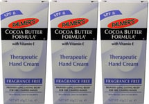  3 LOTS Palmers Cocoa Butter THERAPEUTIC HAND CREAM FRAGRANCE FREE Dry Hands SPF