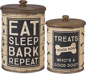 Primitives by Kathy Farmhouse Distressed Painted Metal Set of 2 Tin Canisters with Wood Lids for Dog Treats - Eat Sleep Bark Repeat and Good Dog