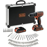 BLACK+DECKER Perceuse Visseuse Sans Fil 18 V Li-Ion avec Chargeur BDCDC18BAFC-QW avec 80 Accessoires, 2 Batteries 1,5 Ah, 1 Coffret