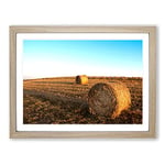 Landscape Hay Bales on a Field No.3 Modern Framed Wall Art Print, Ready to Hang Picture for Living Room Bedroom Home Office Décor, Oak A4 (34 x 25 cm)