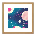 Vibrant Cosmos Planets Stars Outer Space Blue Pink Illustration Painting Square Wooden Framed Wall Art Print Picture 8X8 Inch