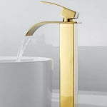 Robinet salle de bain lavabo haut cascade bec pour vasque,Mitigeur eau froide et chau moderne carré chromé trou simple (Doré)