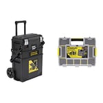 Stanley FATMAX Cantilever Rolling Toolbox Trolley, 4 Level Workstation with Portable Tote Tray & Sortmaster Stackable Storage Organiser for Tools, Small Parts, Adjustable Compartments, 1-97-483