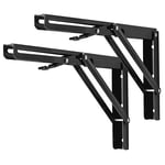 YUMORE Support d' Étagère Pliable 300mm,2 Pièces Équerres Pliantes Charge Lourde Equerre Etagere Murale Noir Console Rabattable pour Table Garage Cuisine Chambre, Charge Maximale 150kg