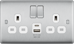 BG NBS22UAC12W Brushed Steel Double Socket with USB 12W Type A & C USB White