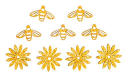 Rayher 46591166 Embellissements « Abeilles et Fleurs », en bois, jaune miel, 9 pces., 3cm, autocollant, décoration, invitations, table, cartes, scrapbooking, printemps-été