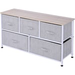 Homcom - Commode meuble de rangement dim. 100L x 30l x 54H cm 5 tiroirs non-tissés gris structure métal blanc plateau mdf bois clair