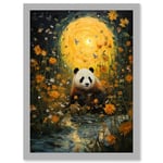 Harvest Moon Panda Landscape Oil Painting Panda Bear in a Wildflower Meadow with Flowing Stream Kids Bedroom Artwork Framed A3 Wall Art Print