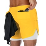 ZWPY Summer Running Shorts Men 2 in 1 Sports Jogging Fitness Shorts Training Quick Dry Mens Gym Men gym Pants Built-in pocket,Yellow,L