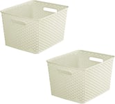 2 x Curver Large Rattan Plastic Storage Basket Organiser Vintage White/Cream