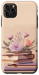 Coque pour iPhone 11 Pro Max Livres rose violet pastel et fleur sur fond beige