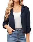 Blazer d'affaires Femme Court Veste Élégant Manches 3/4 Ouvert Blazer Court Léger Chic pour Bureau S Bleu Marine Costume Tissu