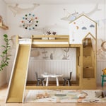 Lit mezzanine 90x200 cm, lit enfant, lit cabane, rangement sur escalier, avec toboggan, pin+MDF, blanc+naturel