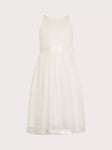 Monsoon Kids' Truth Sequin Rosette Detail Maxi Dress, Ivory