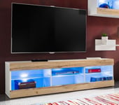 Meuble TV Tivoli RTV Komodee - LED Bleues - Bois naturel Mat et Blanc - 140 x 41 x 35 cm