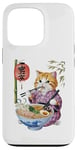 Coque pour iPhone 13 Pro Chat animé mignon en kimono mangeant des ramen Anime drôle