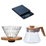 Hario Drip Scales Olive Wood 02 Glass V60 Dripper and Olive Wood V60 Coffee Server 02 Size