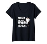 Womens Vintage Coffee Espresso Barista Grind Tamp Express Repeat V-Neck T-Shirt