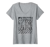 Womens Funny Warning Sign May Start Talking About Ocarina V-Neck T-Shirt