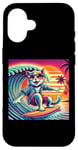 Coque pour iPhone 16 Chat amusant surfeur hawaïen coucher de soleil tropical paradis surfeur