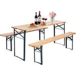 GOPLUS Ensemble Table et Bancs 3 PCS, en Bois de Sapin, Cadre Métallique, Table de Bière 177 cm Portable et Pliable,Charge 300 kg