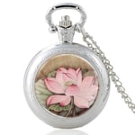 Pocket Watch, Pretty Lotus Flower Design Silver Vintage Quartz Pocket Watch Pendant Clock Watch Men Women Charm Glass Dome Necklace Best Gifts