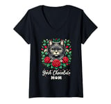 Womens Roses Flowers York Chocolate Cat V-Neck T-Shirt