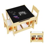 DREAMADE Ensemble de Table et 2 Chaises Enfant avec Tableau Noir, Table Dessin avec Grand Volume de Rangements&Chaises avec Boîtes de Rangement pour Manger Dessiner Bricoler (Naturel)