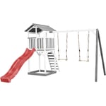 Beach Tower Aire de Jeux avec Toboggan en Rouge, 2 Balançoires & Bac à Sable Grande Maison Enfant extérieur en Gris & blanc Cabane de Jeu en Bois fsc