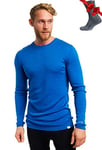 Chemise Homme Manches Longues en Laine Mérinos 100% - Chaud Merino Haut Thermique Homme + Chaussettes de randonnée en Laine mérinos (XX-Large, 250 Cobalt Blue)