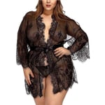 GROPC Robe De Chambre Satin Femme,Saint Valentin Lingerie Sexy Transparent Cils Dentelle Babydoll Robe Mini Robe Peignoir Kimono Chemises Vêtements De Nuit Homewear pour Ami Cadeaux,Noir,L