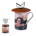 DRW Lot de 6 tasses à infuser avec filtre et couvercle anges Rafael en céramique Mug 7,5 x 7,5 x 10 cm