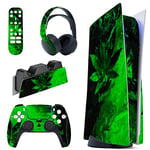 PlayVital Full Set Skin Decal for PS5 Console Disc Edition, Sticker Vinyl Decal Cover for PS5 Controller & Charging Station & Headset & Media Remote - Green Leaf