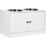 Gamelle double chien chat - porte-gamelles surélevé armoire 2 en 1 - 2 portes, 2 gamelles - acier inox. MDF blanc