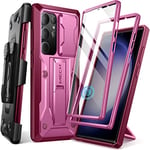 Tongate for Samsung Galaxy S23 Ultra Case, [Bulit-in Slide Camera Cover & Screen Protector] [2 Front Frame] Military Grade Shockproof S23 Ultra Phone Case with Kickstand & Belt-Clip 6.8", Rose Red