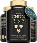 Omega 3 6 9 Capsules - High Strength 3000mg Triple Potency - Premium Fish Oil, Flaxseed & Sunflower Oil - 90 Easy to Swallow Softgel Tablets - EPA DHA ALA Omega 369 Fatty Acids Nutritional Supplements