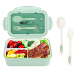 Lunchbox, Bentobox för vuxna & barn, 1400 ml läckagesäker matlåda med 3 fack och bestick (grön)