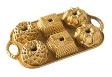 Nordic Ware Geo Bundtlette Pan, Cast Aluminium Mini Bundt Tin, Bundt Cake Tin for 6 Cakes, Cake Mould Colour: Gold 91277