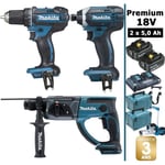 Pack de machines outil - Makita - Premium 18V 5Ah: Perceuse 62Nm DDF482 + Perforateur 2J DHR202 + Visseuse à chocs 165Nm DTD152 + 2