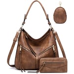 lapsting Sacs Hobo pour femme - Sac à main bohème - Sac à bandoulière en cuir synthétique, 3a - 38,6 cm Marron - Quincaillerie dorée, 3PCS 14inch-18inch