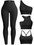 OQQ Womens 4 Piece Workout Outfits Ribbed Yoga High Waist Leggings with 3 Piece Crop Tops with Sports Bra Exercise Set, Black, Large