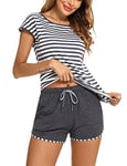 Aseniza Pyjama Femme Coton Ete Ensembles de Pyjama Été Pyjama Short Court Manche Courte Vêtements de Nuit Ensemble Pyjashort Courtes à Rayé Tenue de Nuit 2 Pièces Vêtements de Détente Gris Foncé L