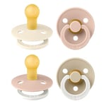 BIBS Colour Soother 4-Pack, BPA Free Dummy Pacifier, Round Nipple. Natural Rubber Latex, Made in Denmark. 0-6 Months (Pack of 4), Blush Glow Mix