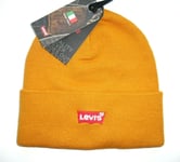 Genuine LEVI'S Deep Yellow Comfy Cuff BEANIE Hat UNISEX Adult Red Batwing Logo