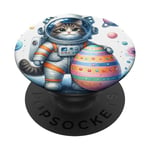 Chat astronaute flottant dans l'espace tenant un œuf de vacances Pâques PopSockets PopGrip Interchangeable