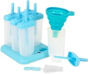 Popsicle Moulds 6 Pack Blue Non-Stick Homiu Drip Tray Funnel Brush Lolly Maker