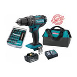 Perceuse visseuse à percussion Makita 18V 62Nm DHP482 + 1 batt 3 Ah + 30 embouts de vissage + porte-embout magnétique + sac