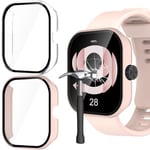 Jvchengxi Verre Trempé Coque pour Xiaomi Redmi Watch 4, 2-Pièces Dur PC Anti-rayures Protection Ecran Etui HD Verre Trempé Housse de Protection Couverture Complète Case Redmi Watch 4 (Rose+Clair)