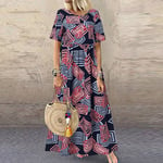 Ladies Short Sleeve Printed Long Dress A Line Kaftan Maxi Dresses Beach Sundress