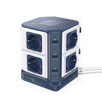 BESTEK Tour Multiprise Parasurtenseur avec 8 Prises EU et 6 Ports USB 2,4A, Interrupteur, Adaptateur Douille, Clapet Sécuritaire, et 3600W/16A, 3,0 M (Bleu-Blanc)